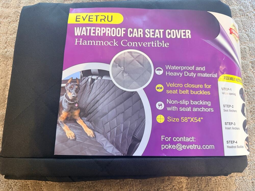 EVETRU Waterproof Car Seat Cover Hammock Convertible Black 58"x54" Heavy Duty